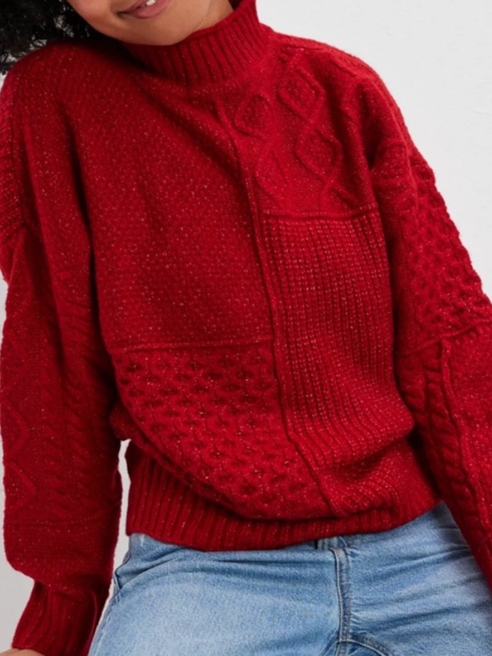 Y2K American Eagle Red Cable-Knit Turtleneck Sweater Sz M - Picture 2 of 10